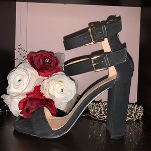 Black Block Heels, Gold Strap, 7